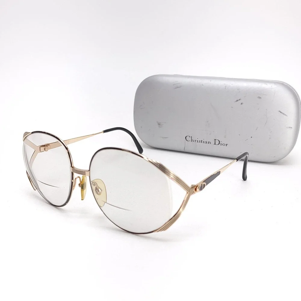 Christian Dior STRIA 2387 Vintage Oversized‎ Round Gold Black Eyeglass Frames